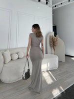 Kolsuz Uzun Likralı Elbise - Gri - Görsel 4