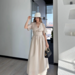 Kısa Kollu Uzun Elbise - Kırık Beyaz