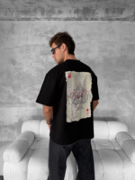 Ön Ve Arka Baskılı Oversize Bisiklet Yaka T-shirt - Siyah - Görsel 2