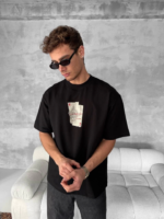 Ön Ve Arka Baskılı Oversize Bisiklet Yaka T-shirt - Siyah - Görsel 3