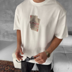 Erkek Ön Ve Arka Baskılı Oversize Bisiklet Yaka T-shirt - Beyaz