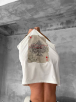 Erkek Ön Ve Arka Baskılı Oversize Bisiklet Yaka T-shirt - Beyaz - Görsel 2