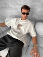 Erkek Ön Ve Arka Baskılı Oversize Bisiklet Yaka T-shirt - Beyaz - Görsel 4