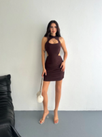 Göğüs Ve Yanlar Dekolteli Kolsuz Boy Elbise - Kahverengi