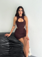 Göğüs Ve Yanlar Dekolteli Kolsuz Boy Elbise - Kahverengi - Görsel 4