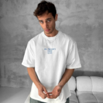 Ön Ve Arka Baskılı Oversize Bisiklet Yaka T-shirt- Beyaz