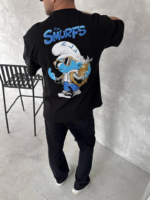 Ön Ve Arka Baskılı Oversize Bisiklet Yaka T-shirt- Siyah - Görsel 3