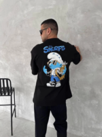 Ön Ve Arka Baskılı Oversize Bisiklet Yaka T-shirt- Siyah - Görsel 4