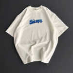 Ön Ve Arka Baskılı Oversize Bisiklet Yaka T-shirt- Beyaz