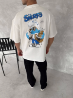 Ön Ve Arka Baskılı Oversize Bisiklet Yaka T-shirt- Beyaz - Görsel 4