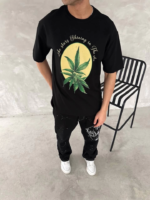 Ön Ve Arka Baskılı Oversize Bisiklet Yaka T-shirt- Siyah - Görsel 3