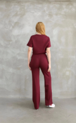 Osy Modal Yumuşak Dokulu Kumaş Bisiklet Yaka Parçalı Detaylı Kısa Kollu Takım - Bordo - Görsel 2