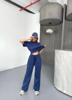 Osy Modal Yumuşak Dokulu Kumaş Kısa Kollu Bluz Rahat Pantalon Ikili Takım- Lacivert - Görsel 3