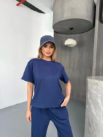 Osy Modal Yumuşak Dokulu Kumaş Kısa Kollu Bluz Rahat Pantalon Ikili Takım- Lacivert - Görsel 4