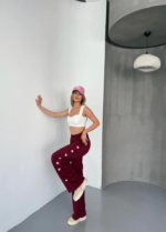 Osy Modal Yumuşak Dokulu Kumaş Nakış Işlemeli Rahat Bol Paça Eşofman Pantalon - Bordo - Görsel 3