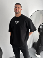 Baskılı Oversize Bisiklet Yaka T-shirt - Siyah - Görsel 4