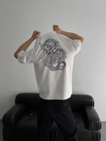 Baskılı Oversize Bisiklet Yaka T-shirt - Beyaz - Görsel 4