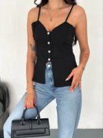 Askılı Dekolte Deraylı Bluz Crop - Siyah - Görsel 3