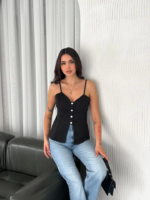 Askılı Dekolte Deraylı Bluz Crop - Siyah - Görsel 4