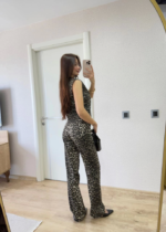 Leopar Desenli Düğmeli Bluzlu Pantolon İkili Takım -Leopar - Görsel 4