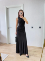 Kolsuz Büzgülü Uzun Elbise - Siyah - Görsel 2