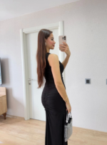 Kolsuz Büzgülü Uzun Elbise - Siyah - Görsel 3