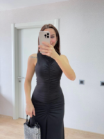 Kolsuz Büzgülü Uzun Elbise - Siyah - Görsel 4