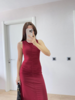 Kolsuz Büzgülü Uzun Elbise - Kırmızı - Görsel 2