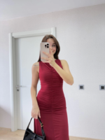 Kolsuz Büzgülü Uzun Elbise - Kırmızı - Görsel 3