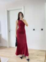 Kolsuz Büzgülü Uzun Elbise - Kırmızı - Görsel 4