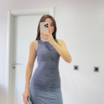 Kolsuz Büzgülü Uzun Elbise - Füme