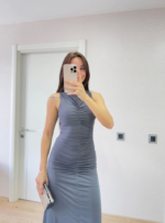 Kolsuz Büzgülü Uzun Elbise - Füme