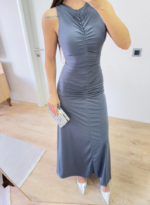 Kolsuz Büzgülü Uzun Elbise - Füme - Görsel 2