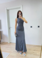 Kolsuz Büzgülü Uzun Elbise - Füme - Görsel 3