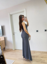 Kolsuz Büzgülü Uzun Elbise - Füme - Görsel 4