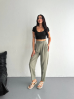 Yüksel Bel Rahat Paça Pantalon - Su Yeşili - Görsel 4