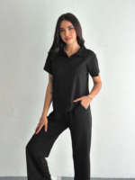 Osy Modal Yumuşak Dokulu Kumaş Kısa Kollu Yakalı T-shirt Pantalon Ikili Takım- Siyah - Görsel 2