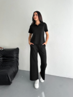 Osy Modal Yumuşak Dokulu Kumaş Kısa Kollu Yakalı T-shirt Pantalon Ikili Takım- Siyah - Görsel 3