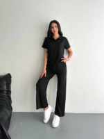 Osy Modal Yumuşak Dokulu Kumaş Kısa Kollu Yakalı T-shirt Pantalon Ikili Takım- Siyah - Görsel 4