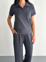 Osy Modal Yumuşak Dokulu Kumaş Kısa Kollu Yakalı T-shirt Pantalon Ikili Takım- Antrasit - Görsel 2