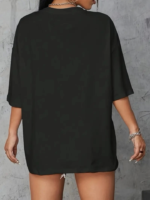 Baskılı Oversize Bisiklet Yaka T-shirt - Siyah - Görsel 4