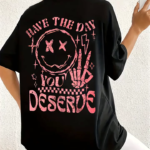 Baskılı Oversize Bisiklet Yaka T-shirt - Siyah