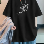 Baskılı Oversize Bisiklet Yaka T-shirt - Siyah