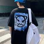 Baskılı Oversize Bisiklet Yaka T-shirt - Siyah