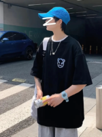 Baskılı Oversize Bisiklet Yaka T-shirt - Siyah - Görsel 2