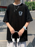 Baskılı Oversize Bisiklet Yaka T-shirt - Siyah - Görsel 4