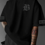 Baskılı Oversize Bisiklet Yaka T-shirt - Siyah