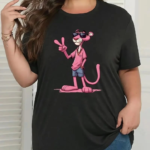 Pembe Panter Baskılı Oversize Bisiklet Yaka T-shirt - Beyaz