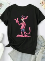 Pembe Panter Baskılı Oversize Bisiklet Yaka T-shirt - Beyaz - Görsel 2