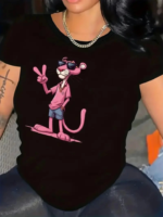 Pembe Panter Baskılı Oversize Bisiklet Yaka T-shirt - Beyaz - Görsel 4